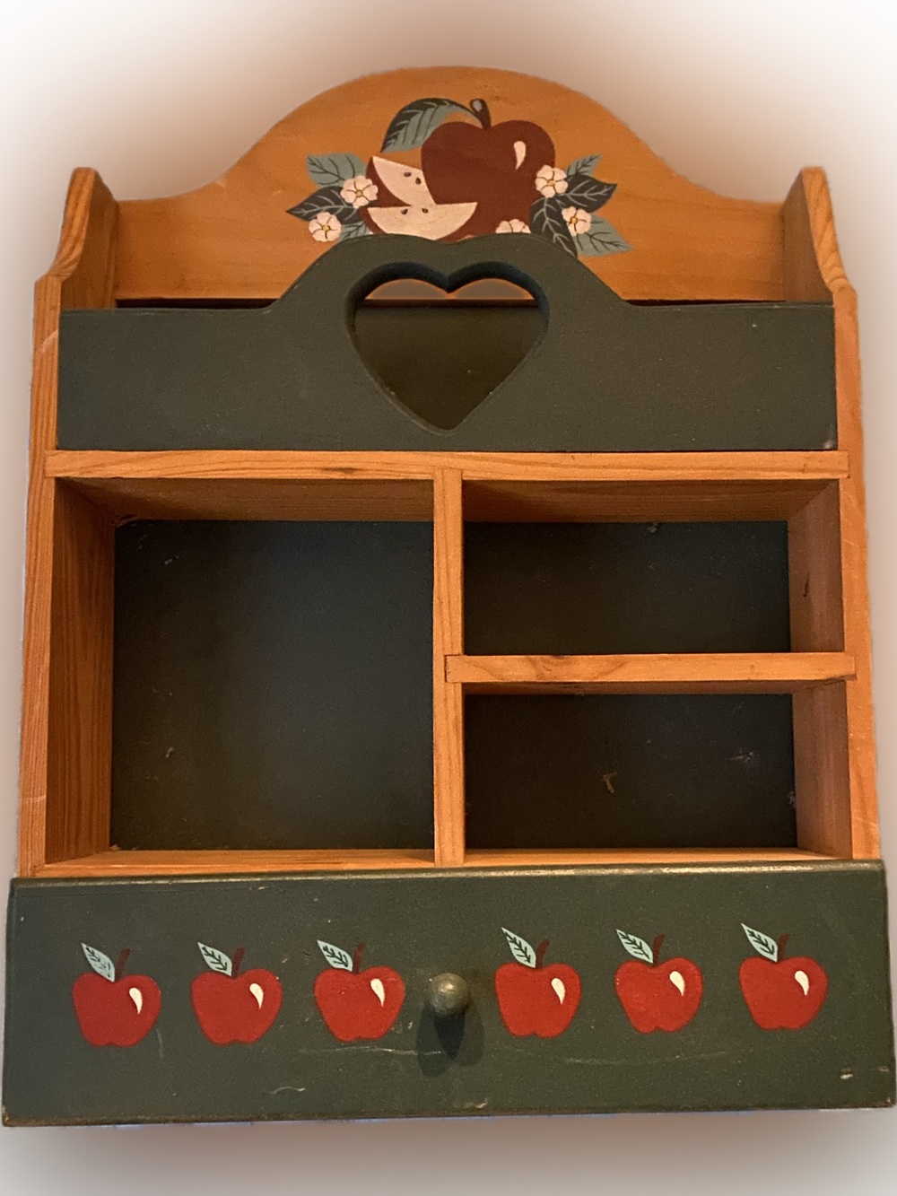1990s Vintage Green Wooden Apple Design Shelf with Heart Cutout